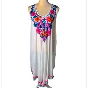 Star India Floral Embroidered White Long Beach Cover-Up Dress Size XLarge